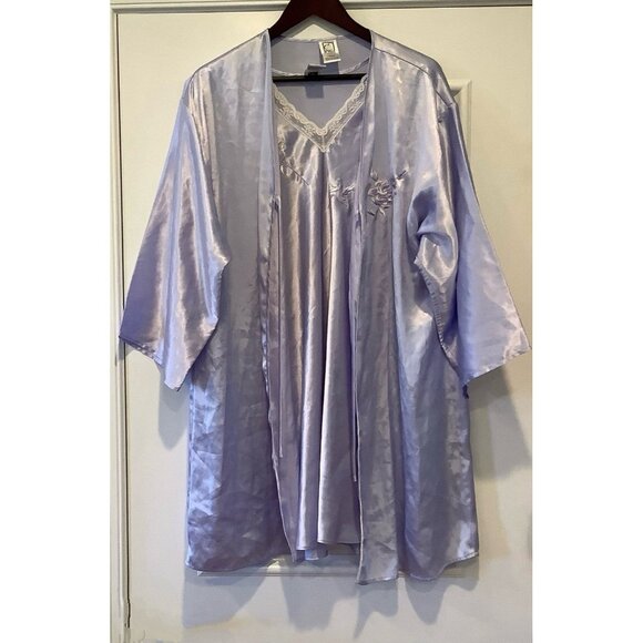 Vtg Eve Stillman Nightgown & Robe Set Sz L Purple Embroidered Floral Tradwife - Picture 1 of 16
